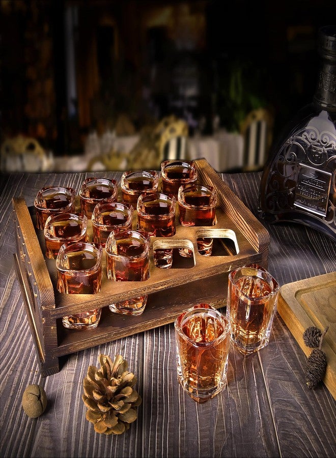 LINALL Shot Glass Set 12pcs 2oz/60ml Heavy Duty with Acacia Wood Holder for Party, Club, Cocktail (Brown 12pcs 2oz) - Image 4