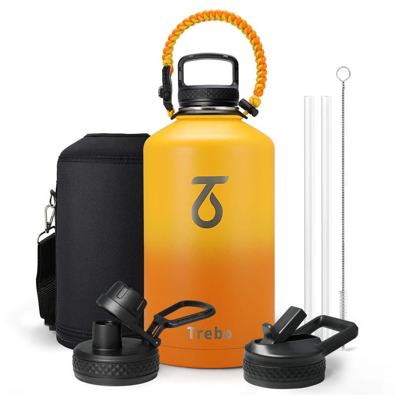 Trebo 128 oz 1 Gallon Water Bottle Insulated with Paracord Handle and Straw Vacuum Double Wall Stainless Steel Large Water Jug Keep Cold 48 Hours  Water Flask with 3 Lids for Men Women Sports Gym - Image 1