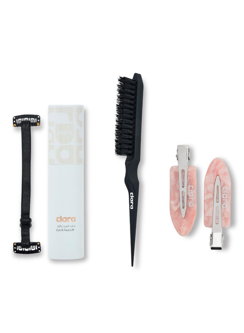 CLARA The Snatched & Sleek Bundle – Black Flyaway Taming Brush with Precision Parting Tool, Pink Non-Slip Hair Clips Set & Adjustable Reusable Face and Eye Lift Band - Image 1