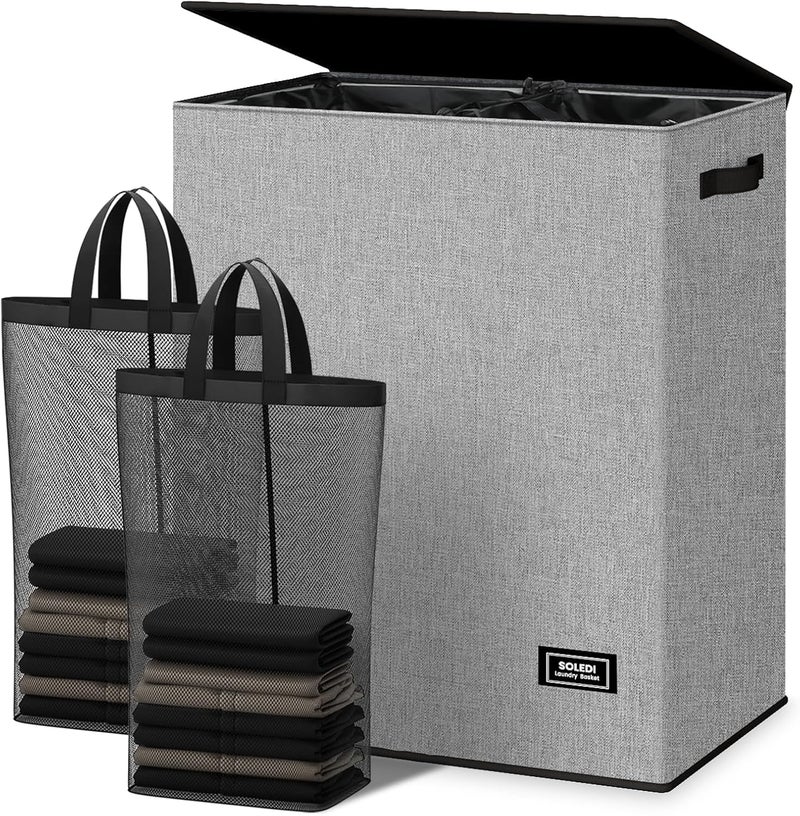 SOLEDI Double Laundry Hamper with Lid and Removable bag Large Laundry Basket 2 Section with handles Collapsible Dirty Clothes Hampers for Laundry Bedroom Dorm College