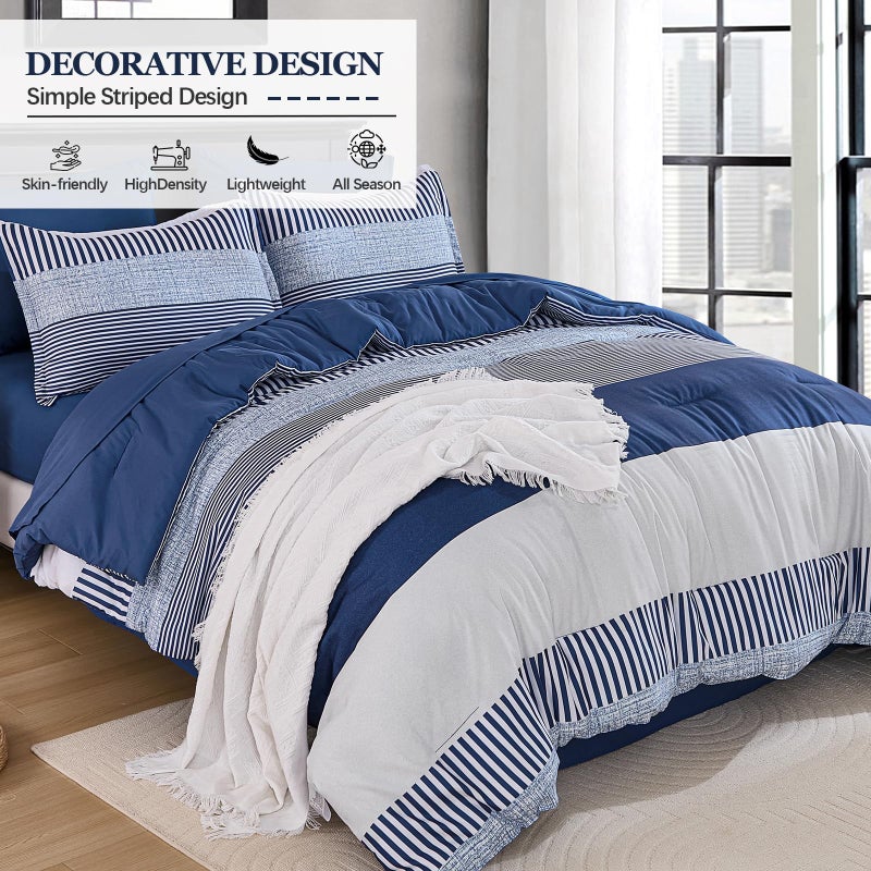Cottolester Navy Blue Comforter Set Queen Size,Boho Striped Comforters for Boys&Girls,7 Pieces Bed in A Bag Simple Neutral-Style Bedding Sets for Kids Teen - Image 4