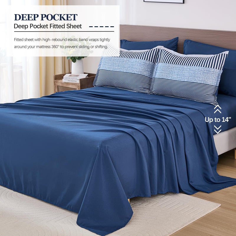Cottolester Navy Blue Comforter Set Queen Size,Boho Striped Comforters for Boys&Girls,7 Pieces Bed in A Bag Simple Neutral-Style Bedding Sets for Kids Teen - Image 3