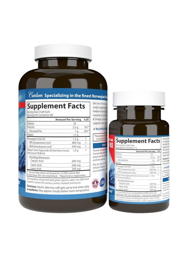 Carlson Mct & Omega3 Coconut Oil Caprylic & Capric Acids Epa & Dha Energy Production Fat Metabolism & Brain Health 120+30 Softgels - Image 3