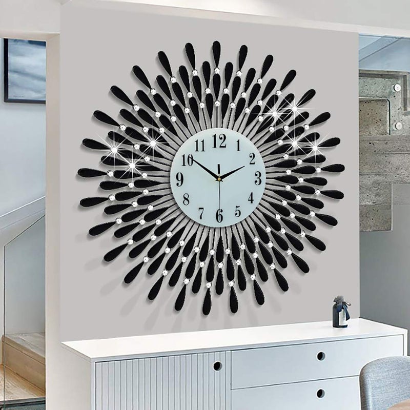 JUGV 280 INCH Wall Clock for Living Room DecorNonTicking Quiet Metal Petals Dial Glass Big Wall Clocks Black for Bedrooms Kitchen and Small Space Decoration