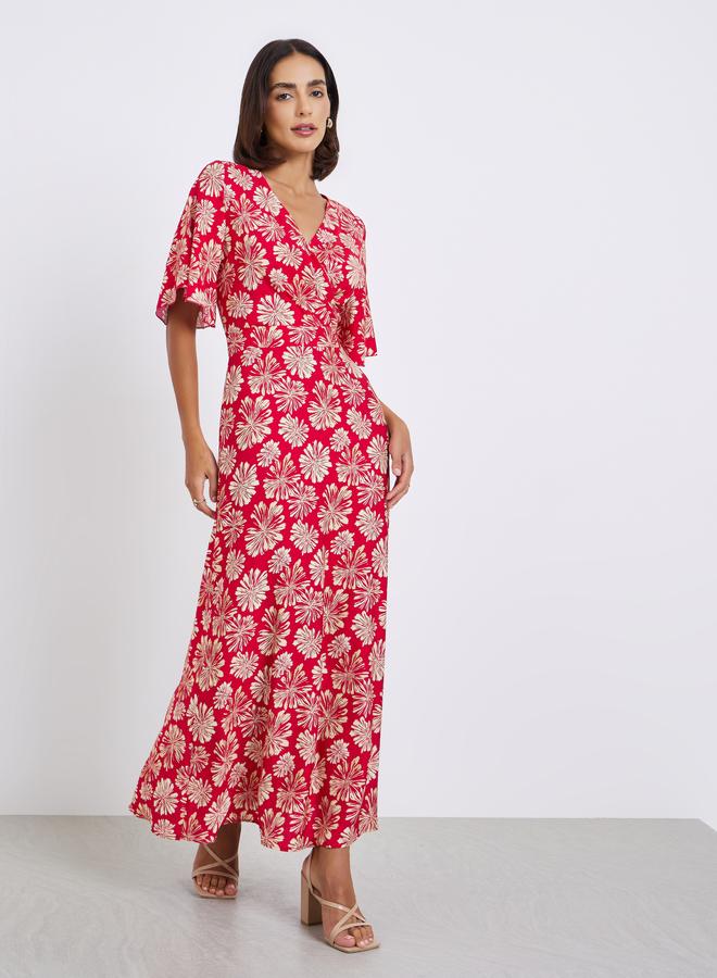 Floral Half Sleeves A-Line Maxi Dress