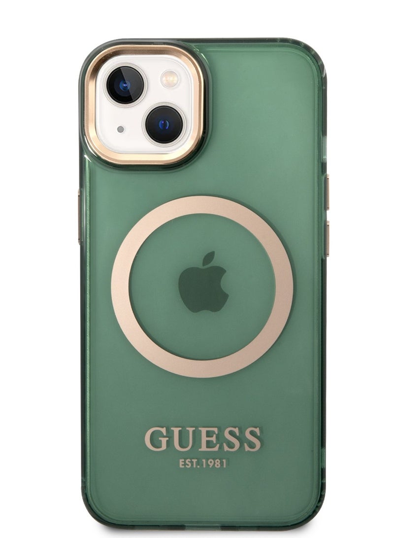 GUESS iPhone 14  Case MagSafe Back Cover with Translucent Gold Outline / Lifted Ring Case / Slim Profile / Easy Snap-On / Drop & Bumper Protection - Kaki - Image 1
