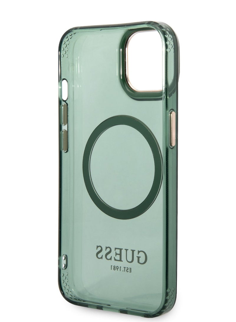 GUESS iPhone 14  Case MagSafe Back Cover with Translucent Gold Outline / Lifted Ring Case / Slim Profile / Easy Snap-On / Drop & Bumper Protection - Kaki - Image 4