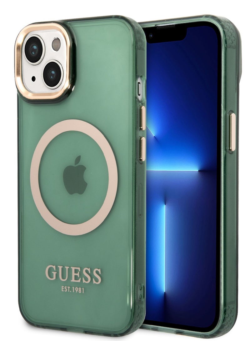 GUESS iPhone 14  Case MagSafe Back Cover with Translucent Gold Outline / Lifted Ring Case / Slim Profile / Easy Snap-On / Drop & Bumper Protection - Kaki - Image 5