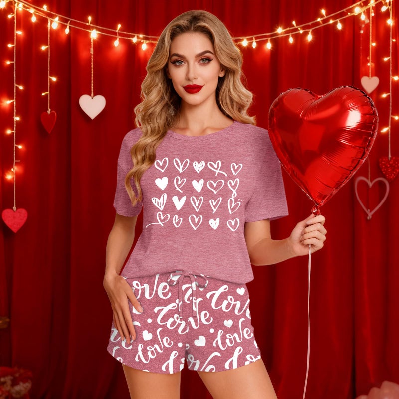 PECHAR Valentine Pajamas Women: Valentines Pjs 2 Piece Short Sleeve Heart Shirts and Pants Sleepwear Set Loungewear - Image 2