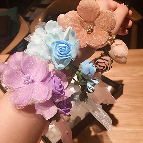 WLBON 3 Pcs Flower Headband Wristbands Rose Floral Leaf Hair Hoops Bands Headpiece Hairband Bracelets Women Xmas Wedding Halloween Parade Hawaiian Cosplay Dress Up Birthday Party Accessories Pink - Image 4