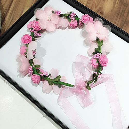 WLBON 3 Pcs Flower Headband Wristbands Rose Floral Leaf Hair Hoops Bands Headpiece Hairband Bracelets Women Xmas Wedding Halloween Parade Hawaiian Cosplay Dress Up Birthday Party Accessories Pink - Image 5