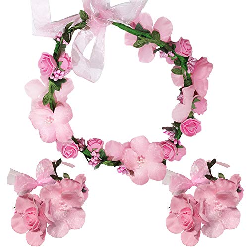 WLBON 3 Pcs Flower Headband Wristbands Rose Floral Leaf Hair Hoops Bands Headpiece Hairband Bracelets Women Xmas Wedding Halloween Parade Hawaiian Cosplay Dress Up Birthday Party Accessories Pink - Image 1