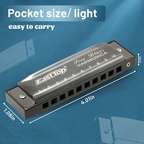 East top Deluxe Harmonica Key of C, 10 Holes 20 Tones Mouth Organ Diatonic Blues Harmonica For Adults, Beginners, Professionals and Students, as a Gift（Silver grey） - Image 4