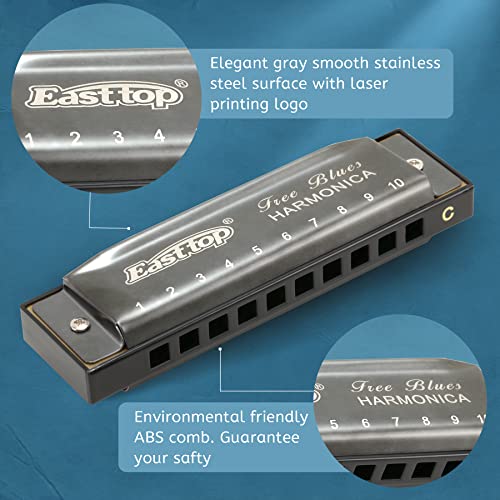East top Deluxe Harmonica Key of C, 10 Holes 20 Tones Mouth Organ Diatonic Blues Harmonica For Adults, Beginners, Professionals and Students, as a Gift（Silver grey） - Image 2
