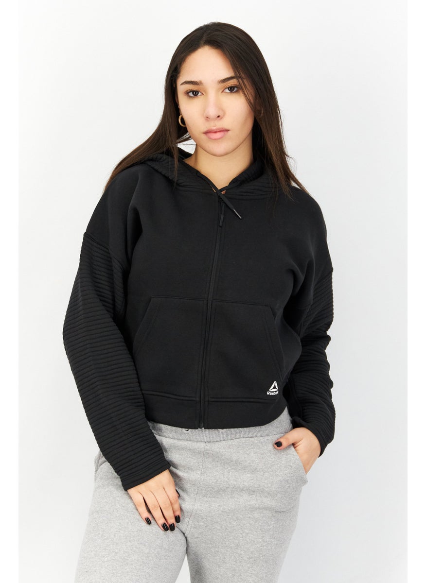 Reebok Women Sportswear Fit Full Zip Long Sleeves Brand Logo Training Hoodie, Black  - Image 1