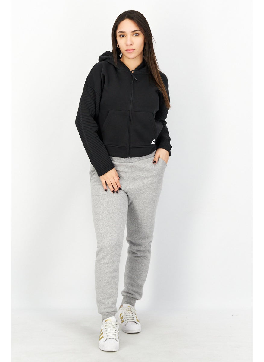 Reebok Women Sportswear Fit Full Zip Long Sleeves Brand Logo Training Hoodie, Black  - Image 3
