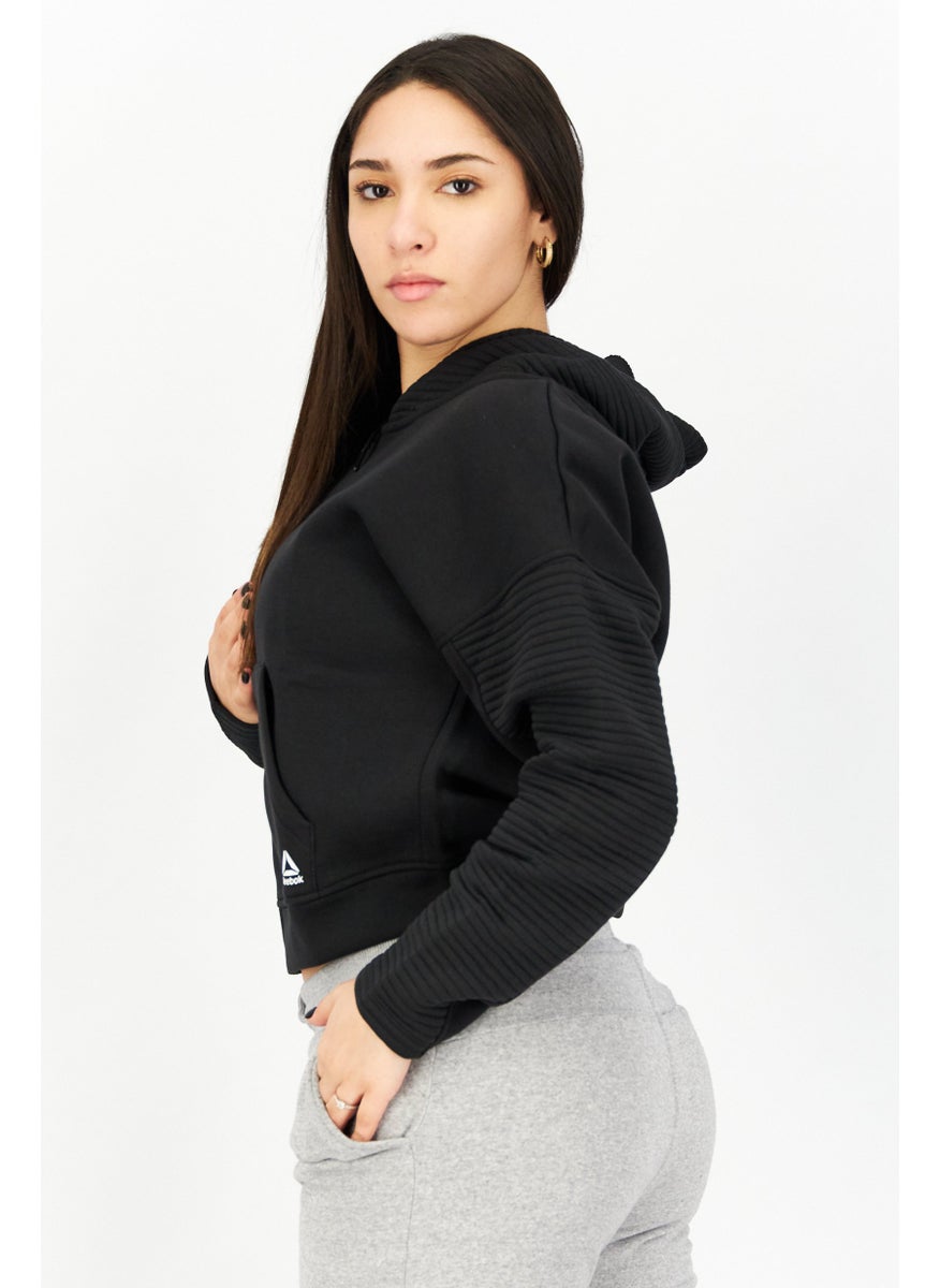 Reebok Women Sportswear Fit Full Zip Long Sleeves Brand Logo Training Hoodie, Black  - Image 2