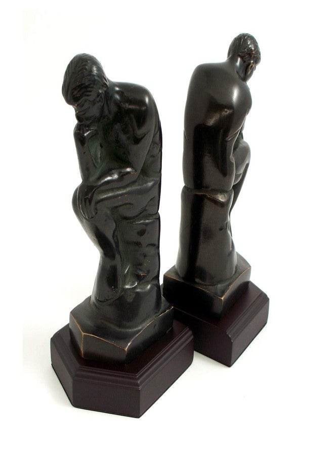 Bey-Berk R18T Cast Metal Thinker Bookends with Bronzed Finish on Wood Base, Brown