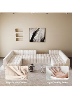 A to Z Furniture Chelsea Channel Velvet Modular Sectional Sofa Set Convertible 6-Seater Sofa in Off-White Color Sectional Sofa Set 6 Pieces  - Image 1
