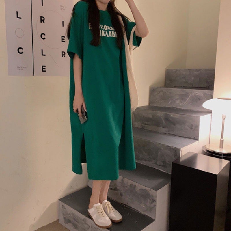2024 Summer Casual Korean T-shirt Dress for Women dark green - Image 1