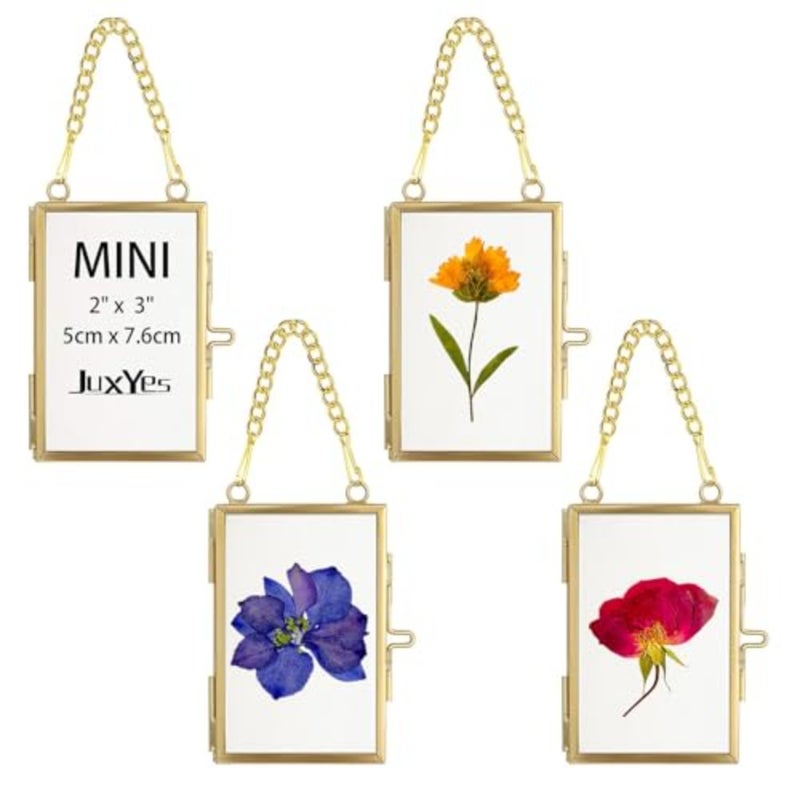 Mini Brass Floating Frames Ornaments With Hanging Chain - Double Glass Tiny Picture Display Frame - Gold Wallet Size Floater Style Gallery Wall Frame for Pressed Flowers - Image 1