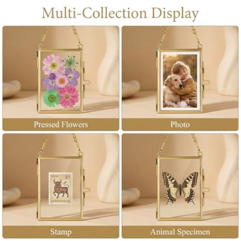 Mini Brass Floating Frames Ornaments With Hanging Chain - Double Glass Tiny Picture Display Frame - Gold Wallet Size Floater Style Gallery Wall Frame for Pressed Flowers - Image 5