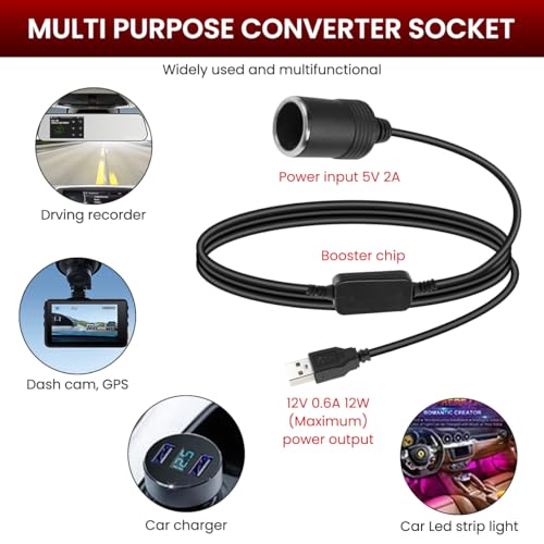 STHIRA® USB to Cigarette Lighter Socket, USB 5V to 12V Cigarette Lighter Converter, 1.2 Meter Long Cable, Plug and Go, Universal for 12W Devices, USB to 12V Cigarette Lighter for Car Fan, Dash Cam - Image 3