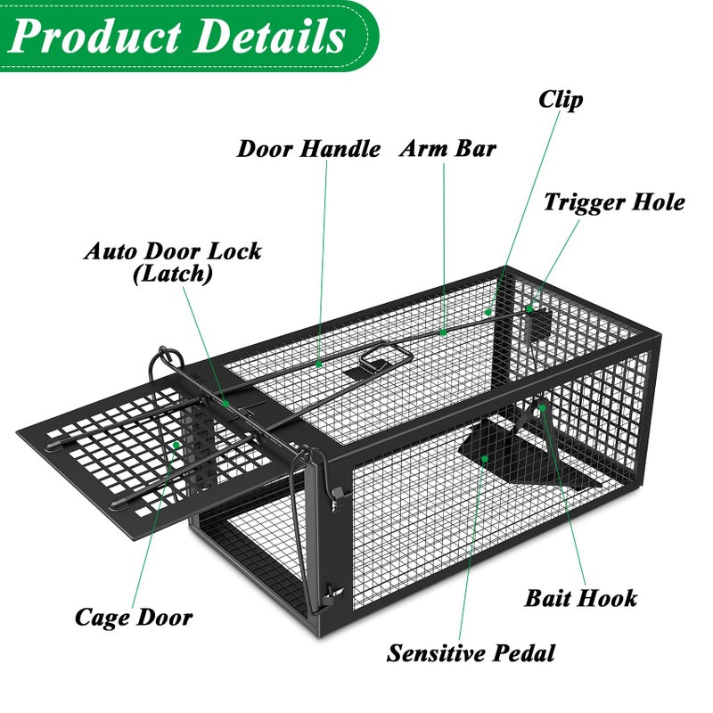 Wanqueen 2 Packs Humane Rat Trap Outdoor Mouse Traps Indoor Use, Rodent Chipmunk Traps for Small Live Animal Catch and Release - Black - Image 5