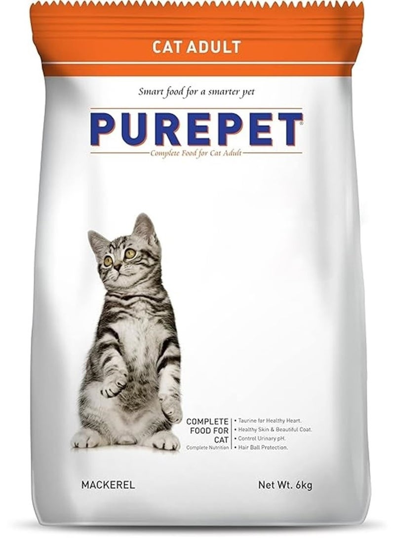Purepet Adult Dry Cat Food 6kg | Mackerel Flavour | Taurine for Heart Health | Healthy Skin & Coat | Controls Urinary pH | Hairball Protection - Image 1