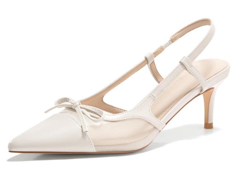 Coutgo Womens Kitten Heels Slingback Mesh Pumps Bow Tie Closed Pointed Toe Two Tone Slip on Work Dress Shoes, Light Khaki, Size 8 - Image 1