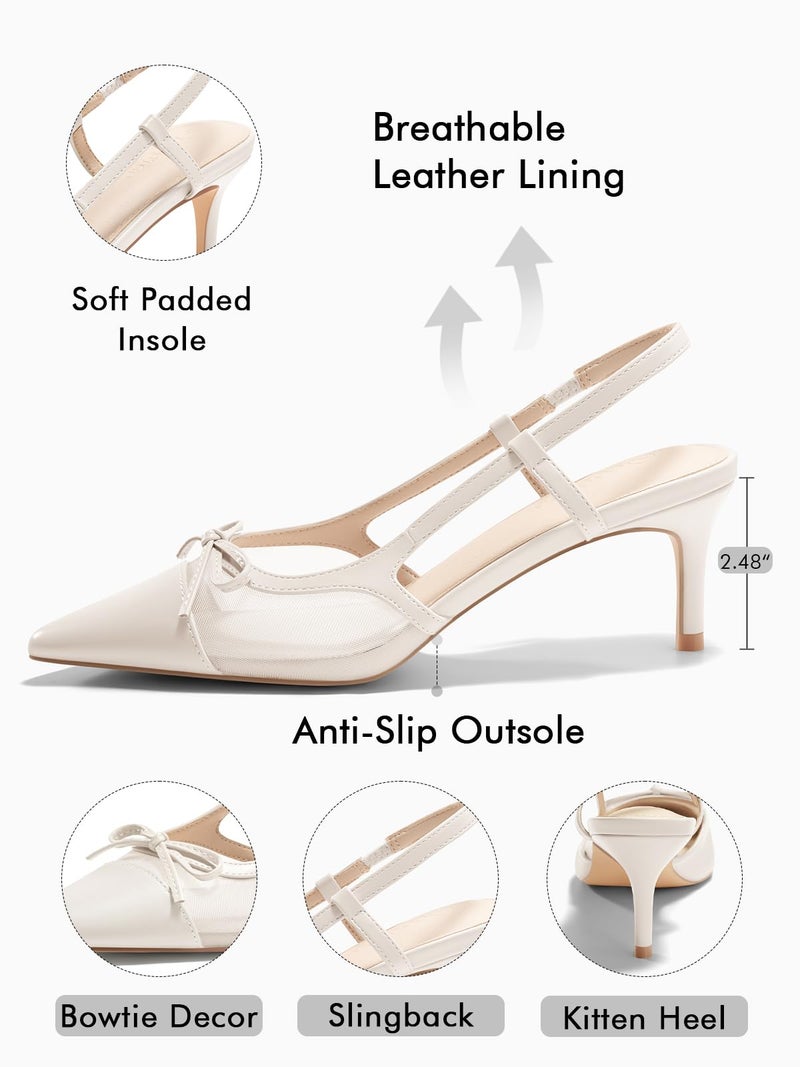 Coutgo Womens Kitten Heels Slingback Mesh Pumps Bow Tie Closed Pointed Toe Two Tone Slip on Work Dress Shoes, Light Khaki, Size 8 - Image 4