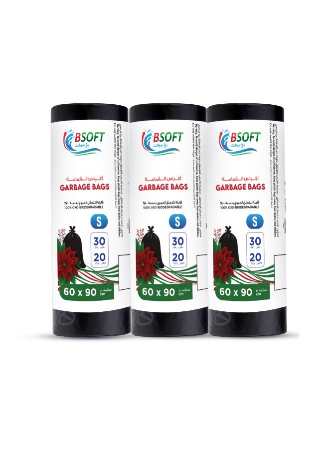 BSOFT Garbage Bag Strong & Bio-Degradable Heavy Duty Disposable 60X90cm Size ( S ) 30Gallon 20Pc pack of 3