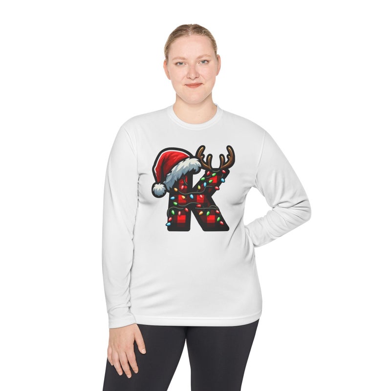 Christmas design with the first letter of name Merry Christmas Festive HolidayT-Shirt White Long Sleeve T Shirt Design T Shirt K Birthday Hat Tee-57 (White, XX Large) - Image 1