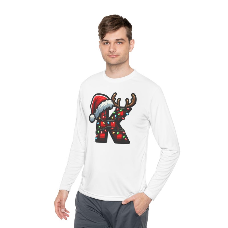 Christmas design with the first letter of name Merry Christmas Festive HolidayT-Shirt White Long Sleeve T Shirt Design T Shirt K Birthday Hat Tee-57 (White, XX Large) - Image 2