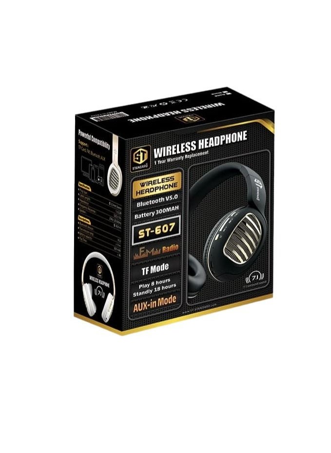 Standard - ST STANDARD ST607 Wireless On-Ear Headphones 5.0 BLUETOOTH 7.1 VIRTUAL AUDIO - Pure Bass - 8H Battery -18 H STANDLY- Speed Charge-FM RADIO MOOD-TF CARD PORT-AUX MOOD WITH MIC  Foldable black/GOLD - Image 1