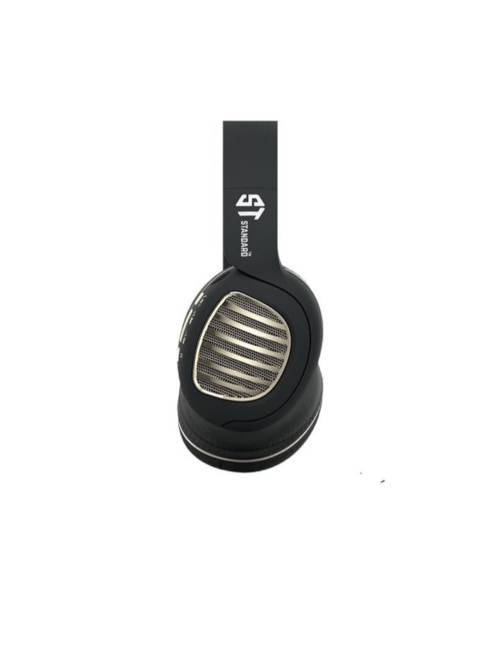 Standard - ST STANDARD ST607 Wireless On-Ear Headphones 5.0 BLUETOOTH 7.1 VIRTUAL AUDIO - Pure Bass - 8H Battery -18 H STANDLY- Speed Charge-FM RADIO MOOD-TF CARD PORT-AUX MOOD WITH MIC  Foldable black/GOLD - Image 1