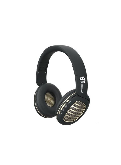 ST STANDARD ST607 Wireless On-Ear Headphones 5.0 BLUETOOTH 7.1 VIRTUAL AUDIO - Pure Bass - 8H Battery -18 H STANDLY- Speed Charge-FM RADIO MOOD-TF CARD PORT-AUX MOOD WITH MIC  Foldable black/GOLD