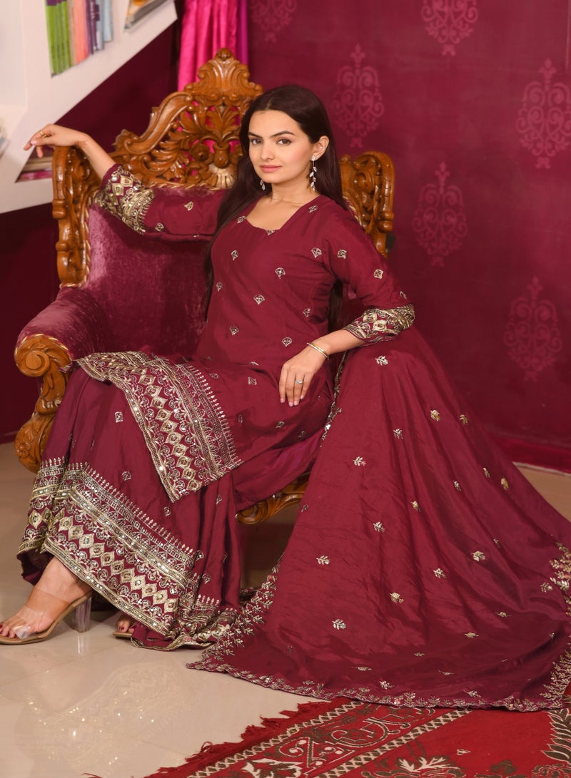 Super Asian New Designer Embroidered Chinnon Suit with Sequence Embroidered Work sharara - Image 1