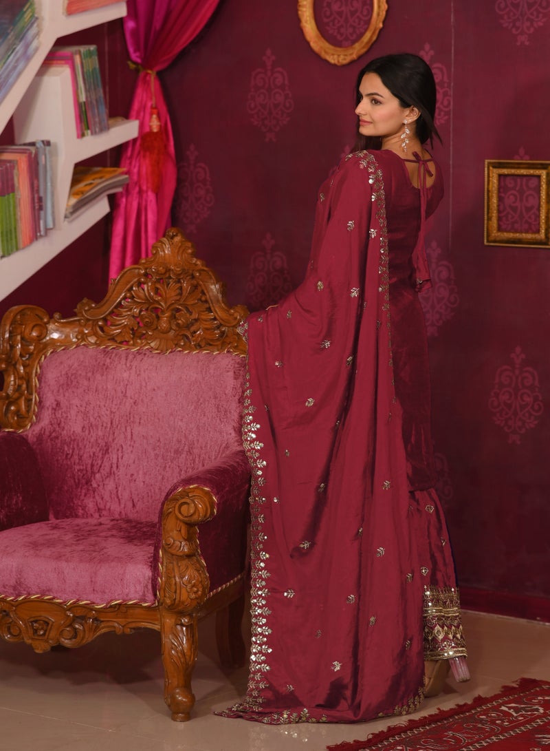 Super Asian New Designer Embroidered Chinnon Suit with Sequence Embroidered Work sharara - Image 2