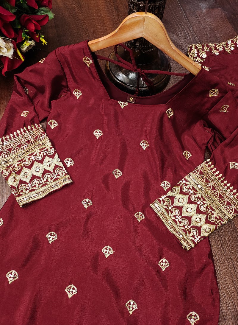 Super Asian New Designer Embroidered Chinnon Suit with Sequence Embroidered Work sharara - Image 3