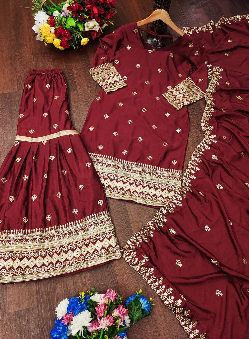 Super Asian New Designer Embroidered Chinnon Suit with Sequence Embroidered Work sharara - Image 4