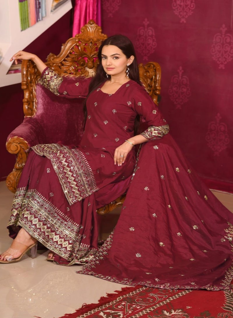 Super Asian New Designer Embroidered Chinnon Suit with Sequence Embroidered Work sharara - Image 5