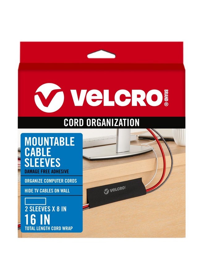 VELCRO Brand VELCRO Brand Mountable Cable Sleeve | Cord Management Mounts on Walls, Desk or Entertainment Center | Removable Adhesive is Damage Free | 8in Black, 2pk, 8in - 2Pk  - Image 1