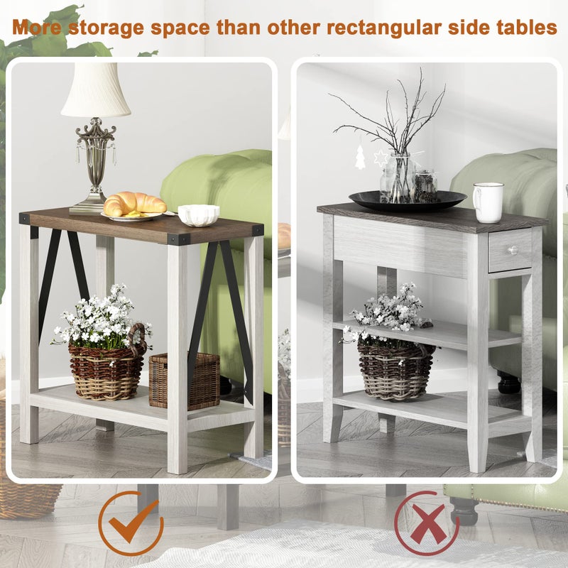 ChooChoo Farmhouse End Table for Small Spaces, Narrow Side End Table with Storage Shelf, Rustic A-Design Nightstand Sofa Table for Living Room, Bedroom (White & Brown) - Image 5