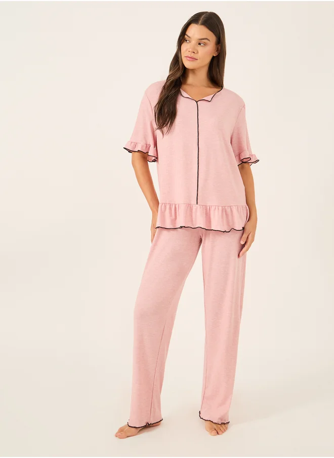 Styli Ruffle Trim Contrast Stitch Top and Pyjama Set