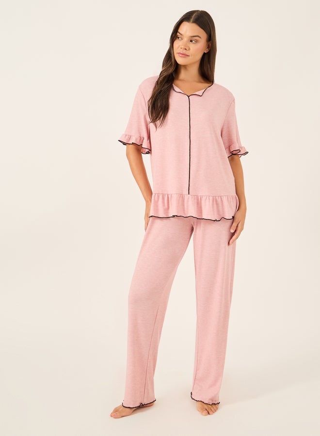 Styli Ruffle Trim Contrast Stitch Top and Pyjama Set  - Image 1