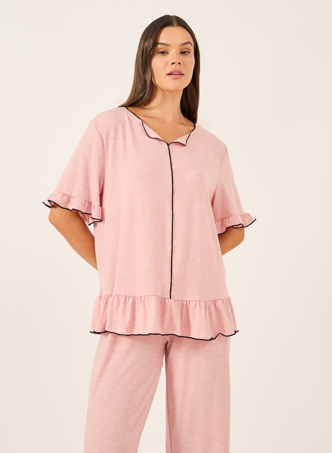 Styli Ruffle Trim Contrast Stitch Top and Pyjama Set  - Image 3