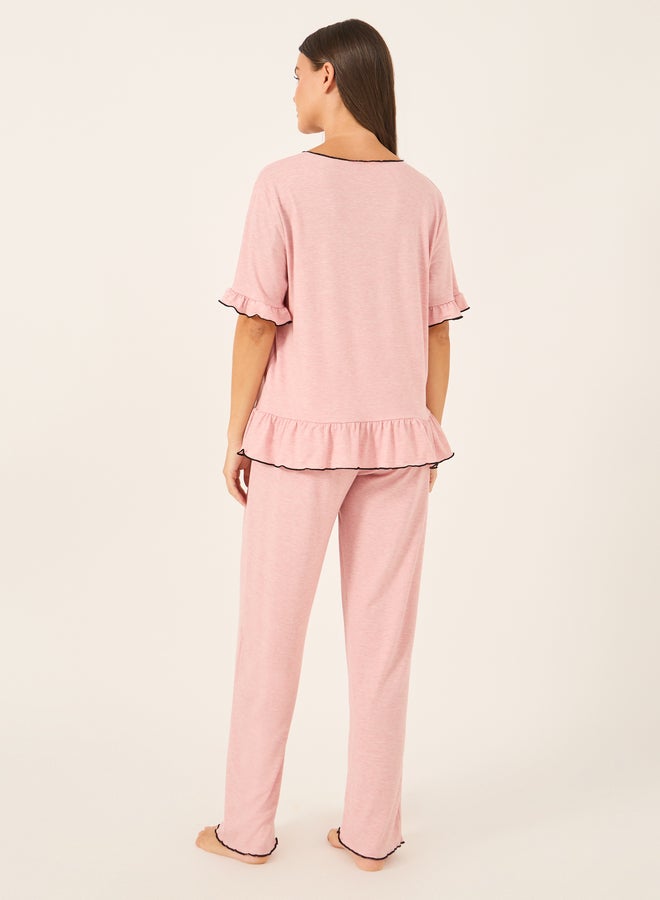 Styli Ruffle Trim Contrast Stitch Top and Pyjama Set  - Image 5