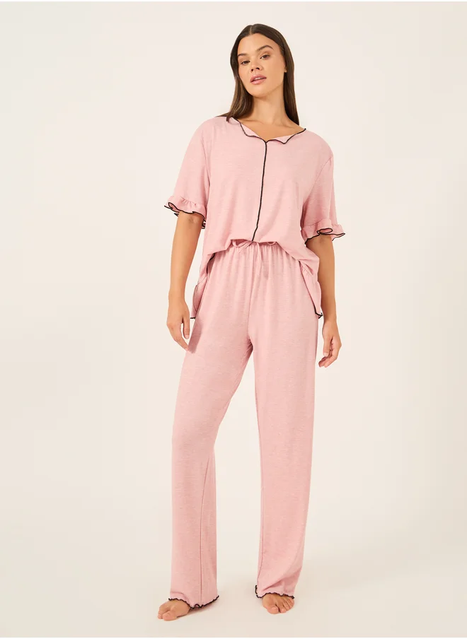 Styli Ruffle Trim Contrast Stitch Top and Pyjama Set