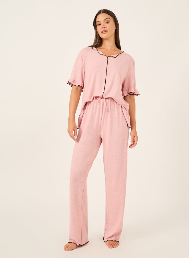 Styli Ruffle Trim Contrast Stitch Top and Pyjama Set  - Image 2